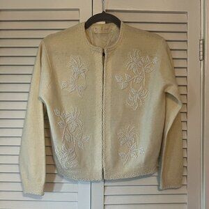 Vintage sweater cardigan cream seed bead beaded embellished lambswool angora